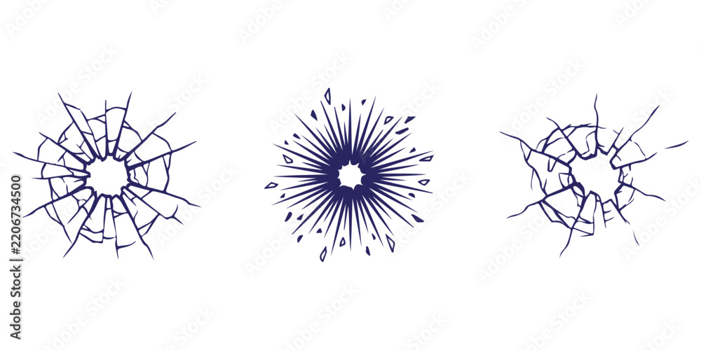 Obraz premium Set of broken glass cracks and bullet hole impacts on a surface