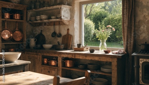 A rustic kitchen with open shelving, copper pots, and a window overlooking a lush green garden.