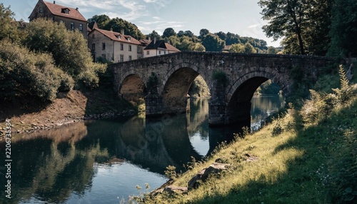 A historic stone bridge crossing a calm river with old buildings and lush greenery in the background.