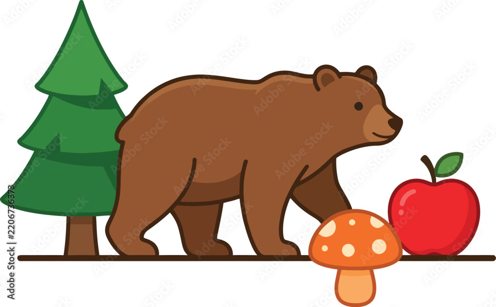 Obraz premium A friendly brown bear standing in the forest near a red apple and mushroom.