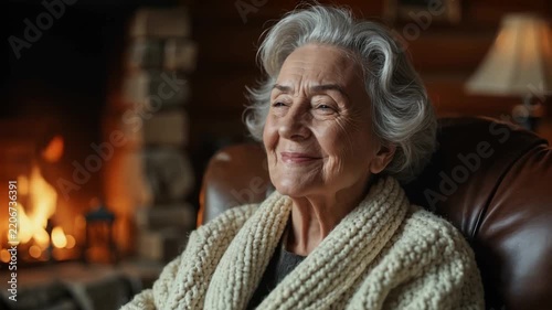 Elegante Seniorin genießt gemütlichen Winterabend am Kamin