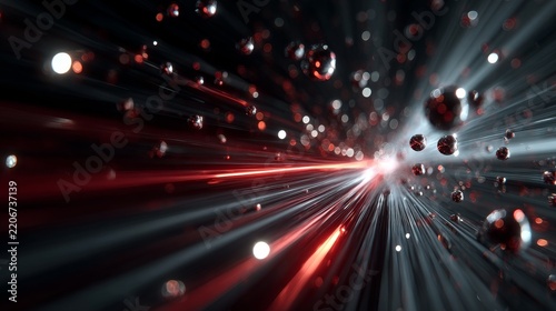 High speed abstract motion with glowing red neon light trails, flying glossy spheres, dynamic perspective and particles in dark space, cinematic ultra-detailed 3D futuristic composition.
