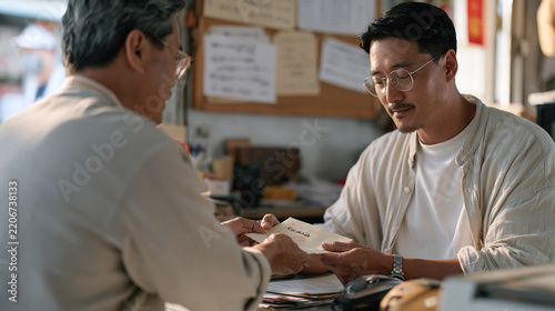 Remote rural postmaster handing a registered letter to a mountain farmer at a tiny post office counter, genuine small-town familiarity in the exchange, handwritten notices pinned