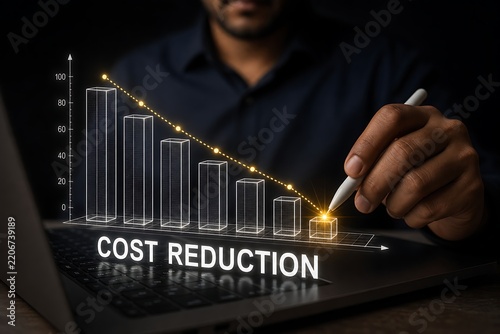 Financial analyst using stylus on laptop with glowing cost reduction chart and decline trend