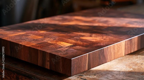Close up of a handcrafted dark wood end grain butcher block cutting board.