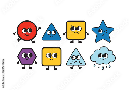 Eight colorful geometric shapes with faces and arms displaying various emotions like happiness, sadness, and excitement