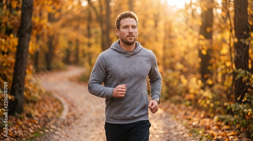 Athletic caucasian man jogging along a trail in the autumn forest during outdoor exercise. Male runner maintaining healthy lifestyle and endurance training on a path in the woods.