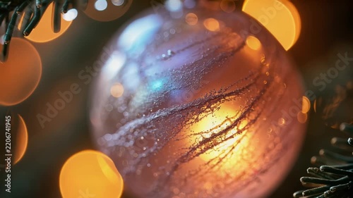 Irisierendes Glasornament an dunklem Tannenzweig