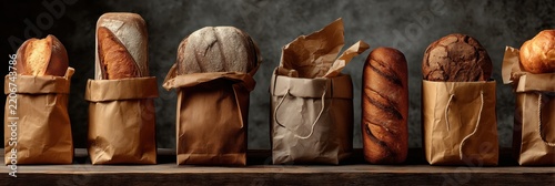 A variety of bread in paper bags on a wooden shelf.