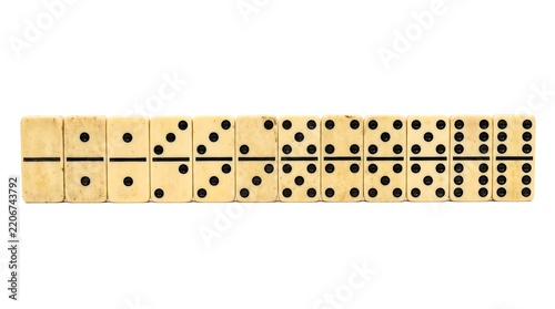 Row of Vintage Ivory Domino Tiles Playing Blocks Isolated on White Background