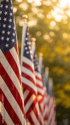 American flags in a row at sunset with golden hour light and copy space