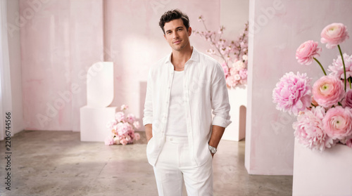 Handsome Caucasian adult man standing in white linen outfit beside pink floral vases, concept of modern menswear and spring style