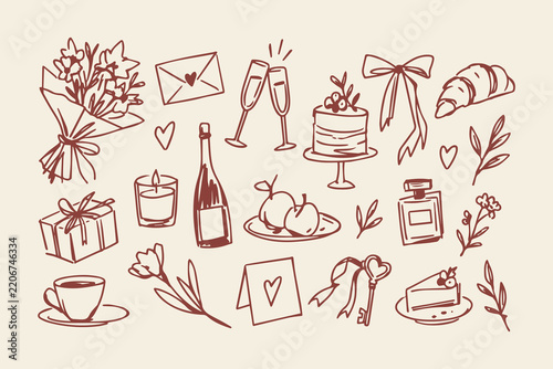 Romantic Dinner and Celebration Hand Drawn Doodle Set