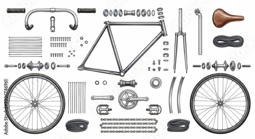 Exploded View Anatomy of Bicycle Frame and Parts Watercolor