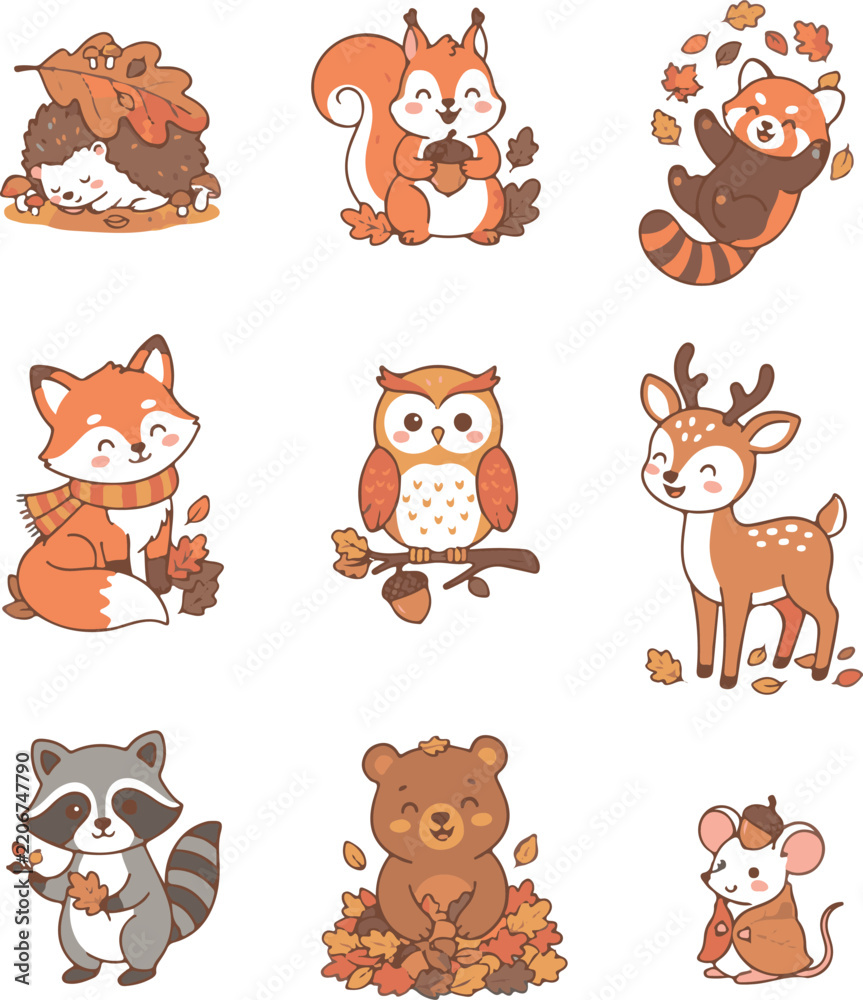 Obraz premium Cute autumn animals sticker pack vector sheet. Cartoon forest squirrel, fox, and hedgehog with fall leaves isolated on white background.