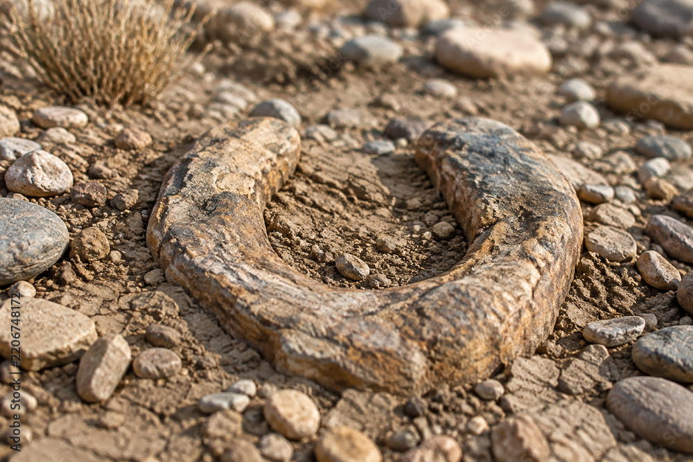 Fototapeta premium Horseshoe-shaped rock formation embedded in a dry riverbed of soil.