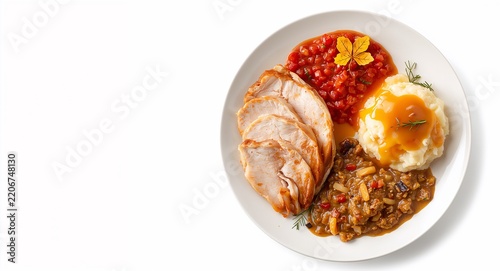 Traditional Thanksgiving dinner served on white background showcasing turkey slices stuffing cranberry sauce mashed potatoes and gravy arranged with festive garnish with copy space on the left