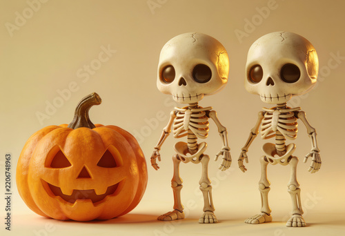 Two stylized toy skeletons standing next to a carved orange jack-o-lantern pumpkin on warm background 3D render