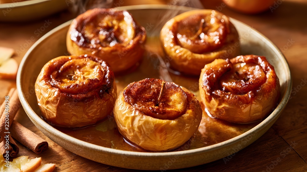 Fototapeta premium Baked apples with cinnamon and caramel sauce in a rustic ceramic bowl on a wooden table