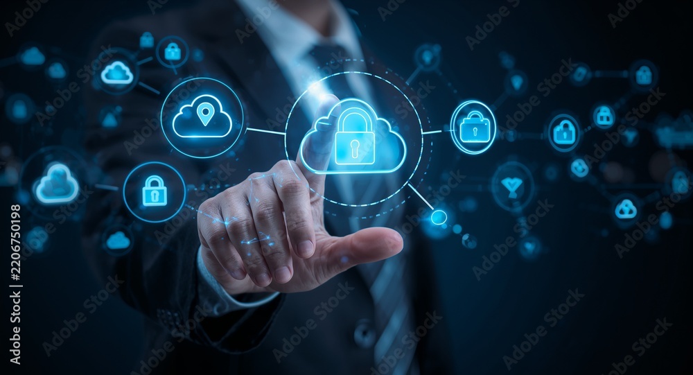Obraz premium A professional hand managing a holographic interface showcasing cloud storage and security lock symbols, Engaging composition ensuring adequate negative space for future text elements