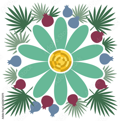 Flat Vector Daisy Flower Mandala with Tropical Palm Leaves and Botanical Elements