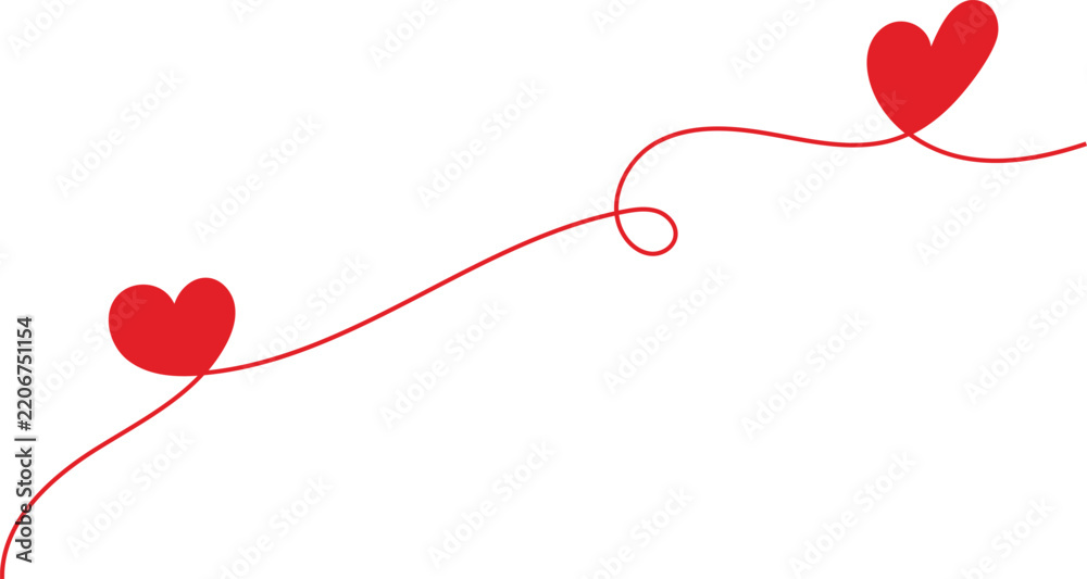 Fototapeta premium Red hearts connected by a flowing continuous line, minimalist vector illustration for romantic greeting cards and wedding invitations