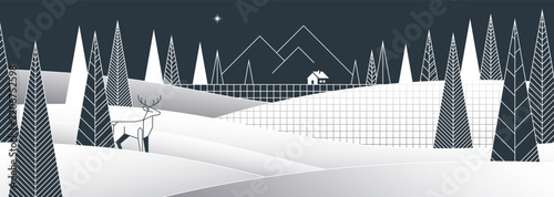 Minimalist geometric pines forest with reideer in winter wonderland at night banner modern retro style horizontal template.