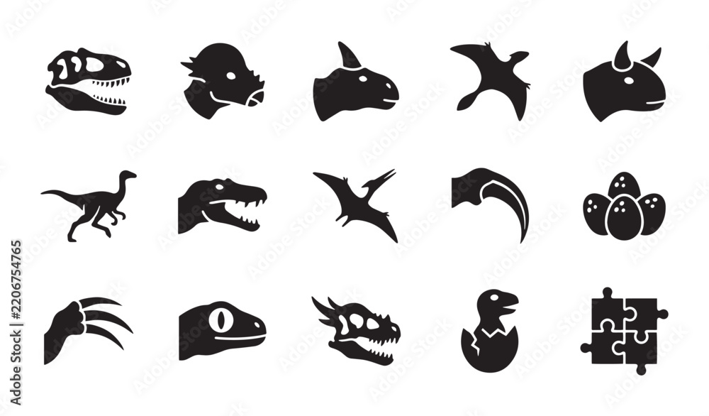 Obraz premium Dinosaur Icons Set, Prehistoric Creatures Vector Graphics, Jurassic Era Animal Silhouettes, Paleontology Elements for Educational and Design Projects