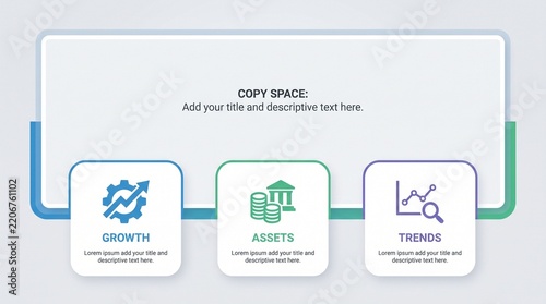 Business infographic template with growth, assets and trends cards. Financial analytics, investment planning and market research concept. Editable presentation layout with copy space.