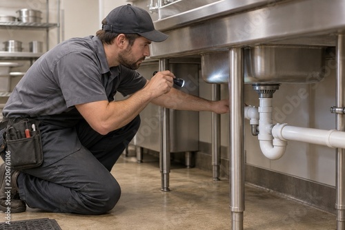 Plumber inspecting pipes beneath a commercial kitchen sink