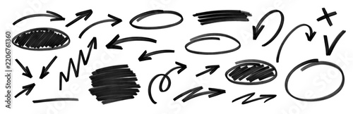 Black marker hand drawn doodle elements set. Sketch arrows, circles, check marks, underlines and scribbles vector collection isolated on white.