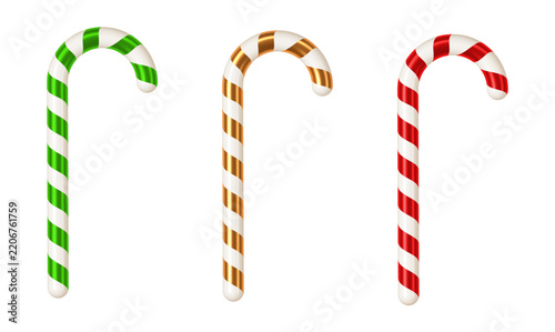Set of 3D striped Christmas candy canes. Realistic glossy red, green and gold peppermint sticks isolated on white background vector illustration.
