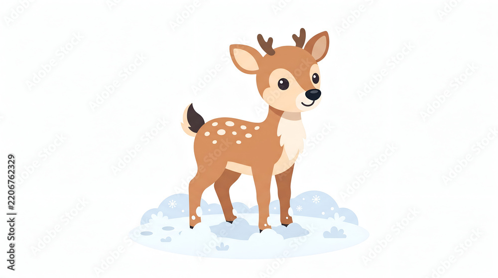 Fototapeta premium Cute baby deer standing in snow for Christmas holiday design