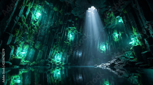Mysterious dark cave featuring hexagonal basalt columns, an underground lake, and green bioluminescent plants under a bright light beam