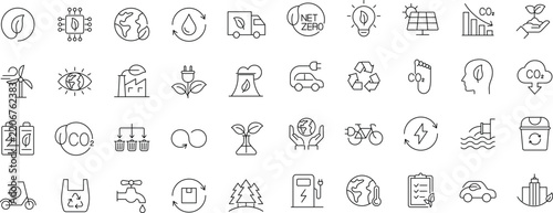 Ecology and environment line icon collection depicts leaves, plants, recycling, and clean energy for sustainability themes.