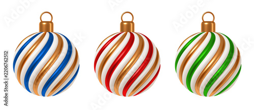 Set of 3D striped Christmas baubles. Realistic glossy red, green and blue spiral ornaments with gold details isolated on white background vector.