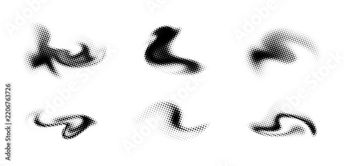 Abstract black halftone fluid shapes set. Retro comic dotted brush strokes, wavy smears and distorted design elements isolated on white background vector.
