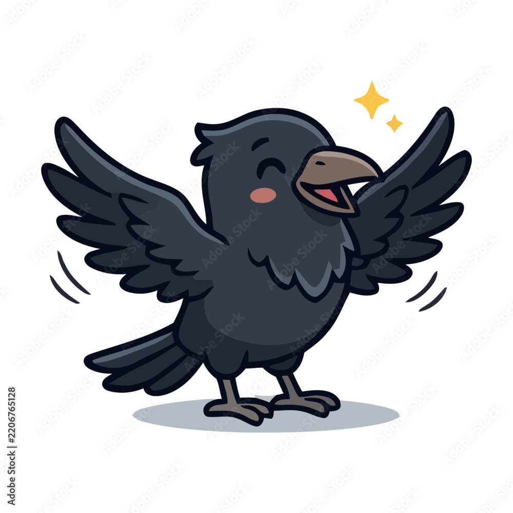 Fototapeta premium Cute cartoon crow character with wings spread isolated on white background