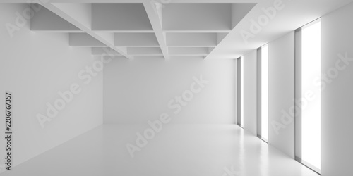 Modern stylish interior template, empty blank white room indoor background featuring grid ceiling and row of windows
