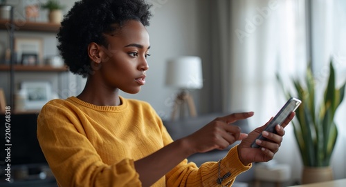 A young African woman effortlessly controls smart home technology via touch screen, demonstrating modern living with ample copy space for smart tech promotions