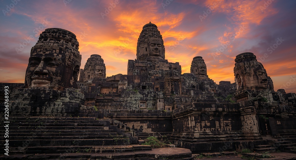 Obraz premium The iconic ancient stone faces of Bayon Temple during the breathtaking sunset in Siem Reap, Cambodia, provide a dramatic backdrop enhanced by ample, historical, sculpture and architecture concept