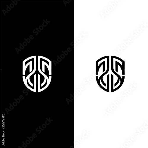 Monogram logo with a curved pentagonal shape.