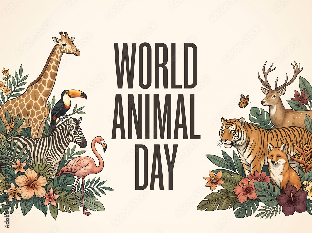Obraz premium World animal day of various wild animals and tropical flowers for animal
