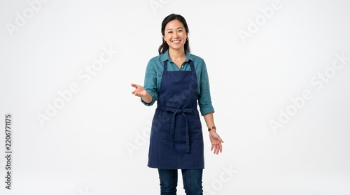 Professional young woman in a navy blue apron smiling and presenting with open hand gesture on white background