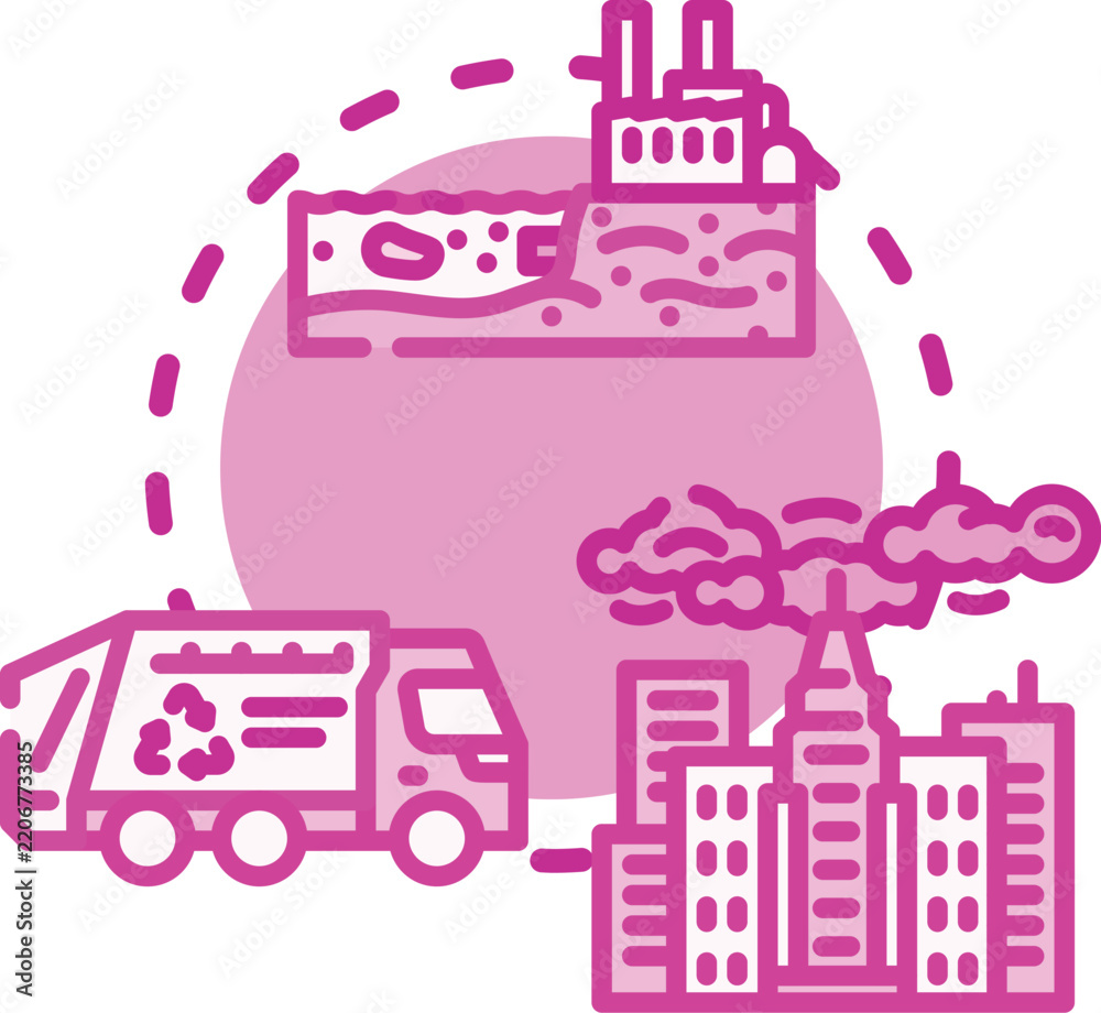 Fototapeta premium Environmental pollution from human activities impacting air quality and water ecosystems, showing industrial emissions and aquatic life suffering from contamination