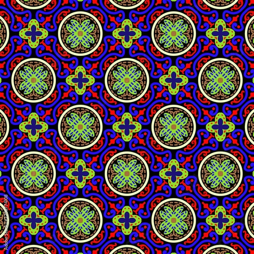 Colorful seamless geometric and floral ethnic pattern background