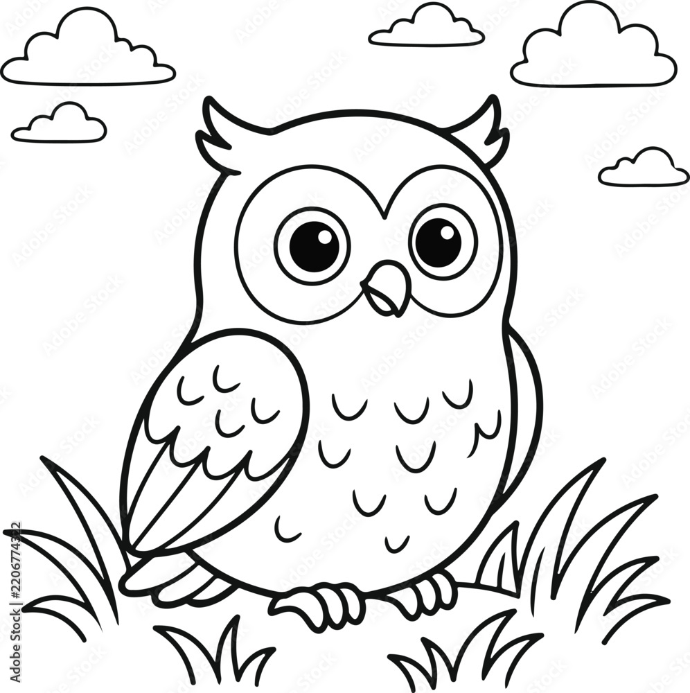 Obraz premium Cute cartoon owl sitting in the grass with clouds in the sky, coloring page for kids
