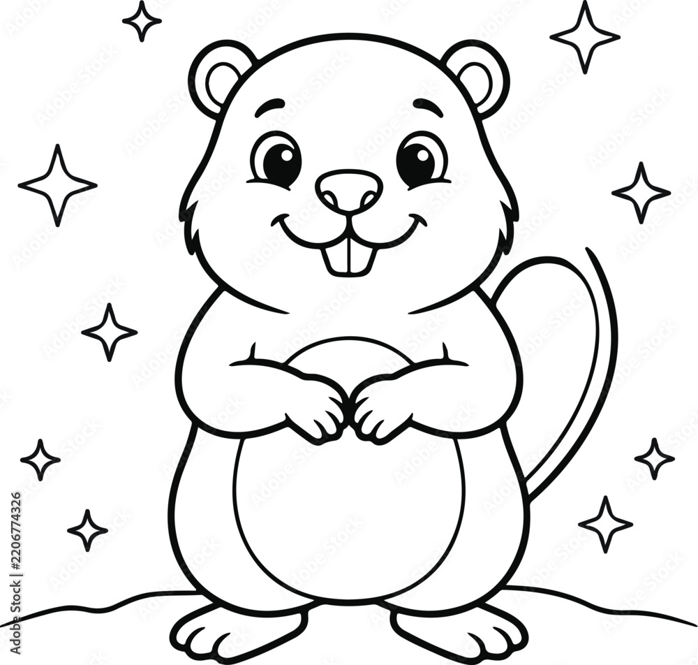 Obraz premium Cute cartoon beaver standing with stars in the background, simple coloring page for kids