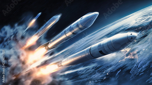 Missiles move quickly around the globe, demonstrating advanced military technology and emphasizing the intensity of global conflict in the sky above