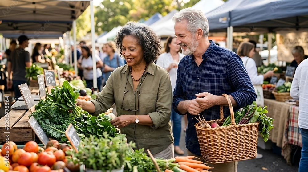 Fototapeta premium Senior Couple Shopping For Fresh Organic Produce At Local Farmers Market Healthy Lifestyle